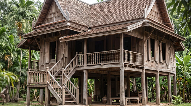Traditional Thai raised wooden house with shaded veranda