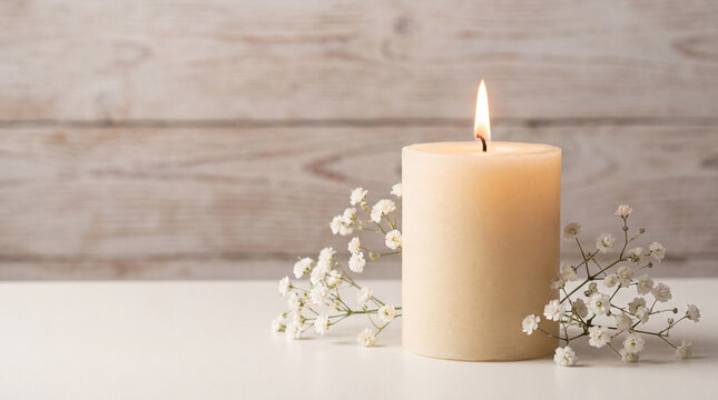 A single lit ivory pillar candle surrounded by delicate white baby's breath flowers set against a rustic light-colored wooden wall for a calming atmosphere.