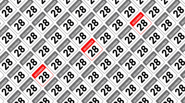A pattern of calendar pages set to December 28th, with selected pages highlighted in red, perfect for holiday planning or end-of-year concepts.