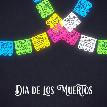 A festive Dia de los Muertos background featuring vibrant neon papel picado banners with skull designs against a dark textured surface.