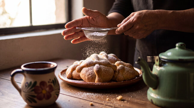 A baker sprinkles powdered sugar over traditional Pan de Muerto bread on a wooden table, preparing for the Mexican Day of the Dead holiday celebration.