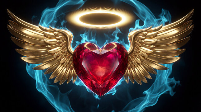 A stunning ruby heart gemstone adorned with majestic golden wings and a glowing angelic halo, set against a backdrop of ethereal swirling blue smoke.