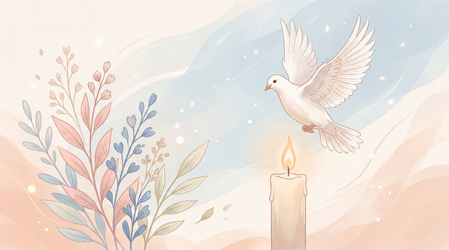 A serene watercolor illustration featuring a white dove flying above a glowing candle, surrounded by soft floral elements in a peaceful, ethereal background.