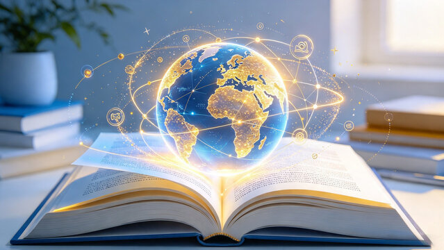 Digital Globe Emerging from Open Book Symbolizing Global Knowledge and Technology Advancement