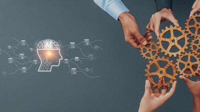 This image showcases hands working together with gears and an AI brain concept, symbolizing innovation and teamwork in a modern work environment. Raster