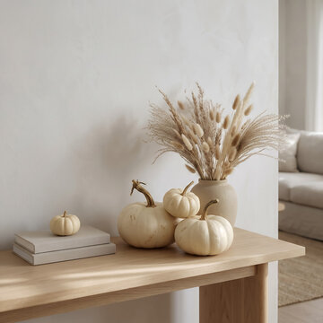Cozy autumn home decor featuring white miniature pumpkins, dried bunny tails and grass in a ceramic vase arranged on a light wood console table against a beige wall.