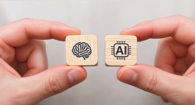 Two hands holding and bringing together two wooden blocks featuring a human brain icon and an artificial intelligence microchip icon, representing the connection of AI and mind.