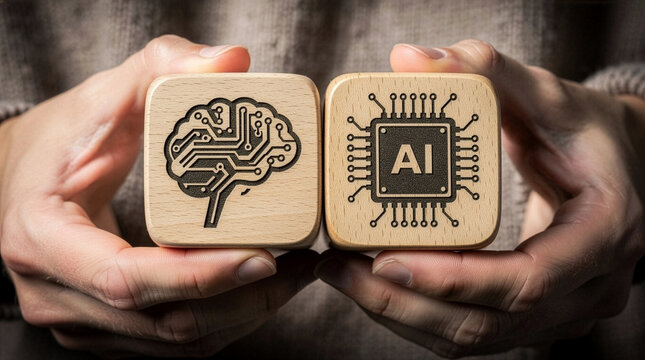 Two hands holding together two large wooden blocks engraved with a human brain circuit diagram and an artificial intelligence microchip icon, showcasing digital mind connection.