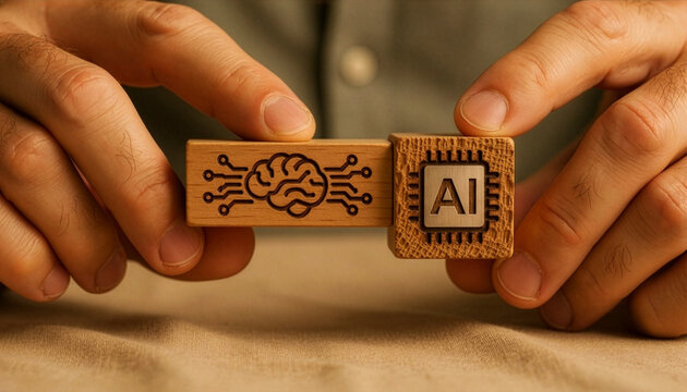 Two hands holding and connecting a rectangular wooden block with a brain circuit design and a wooden cube with an AI microchip icon, representing artificial intelligence technology.