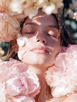 Beautiful gentle young woman closing eyes enjoying soft sunlight surrounded by luxurious blooming pink peony flowers, natural beauty skincare spa concept, fresh spring aesthetic portrait close up