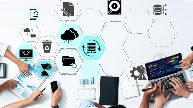 Data recovery icons show backup, data recovery process, and secure restoration. Data recovery ensures system reliability, data recovery protection, and information access. Funnel
