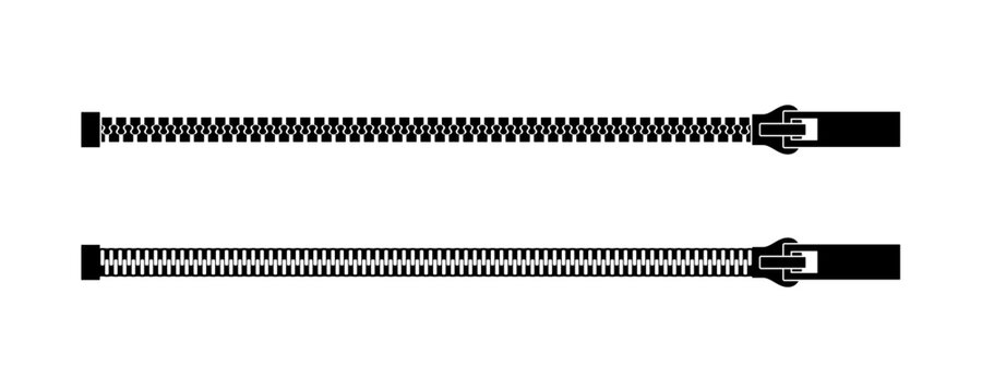Zipper icon. Zip brush. Fastener pattern. Simple ziper line. Puller closure. Clasp with teeth. Black abstract buckle isolated on white background. Fastener zippers. Clothing. Vector illustration