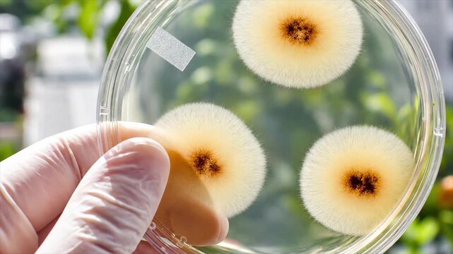 Fungal colonies in a Petri dish, animated photograph. Laboratory culture showing three pale filamentous mould colonies with dense mycelial growth and darker central pigmentation.