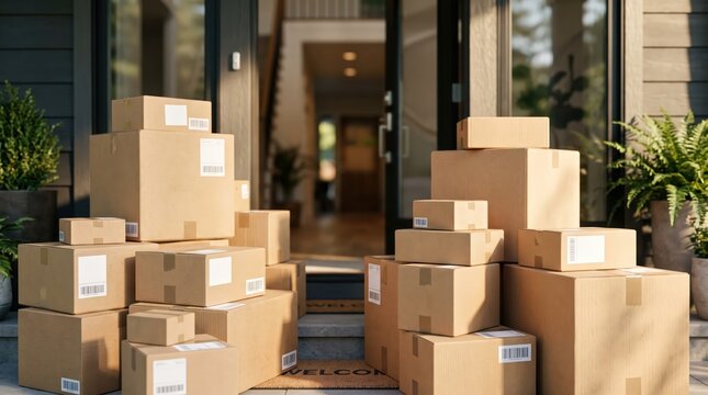 Package delivery boxes piled up at front door doorstep for home order