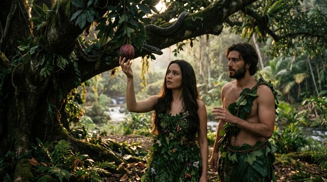 Adam and Eve picking forbidden fruit in paradise garden dramatic light