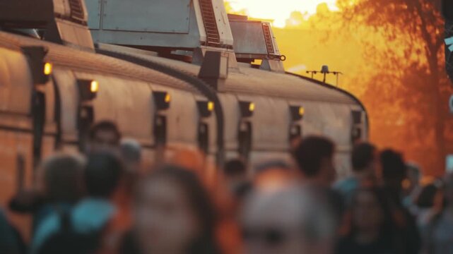 Riot police water cannon truck dispersing protesting crowd at sunset