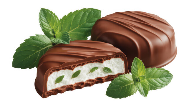 Mint chocolate candies with fresh mint leaves for dessert