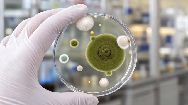 Mixed microbial colonies in a Petri dish, animated photograph. Laboratory culture showing diverse mould and bacterial colony morphologies, pigmentation and textures on agar.