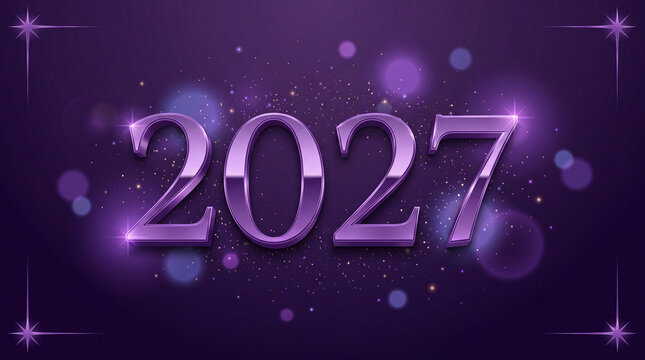 A luxurious 2027 New Year greeting design featuring shiny purple metallic numbers set against a sparkling bokeh background with magical glowing stars.