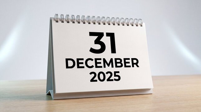 A close-up of a desktop spiral calendar on a wooden table, highlighting the date December 31, 2025, representing the last day of the year.