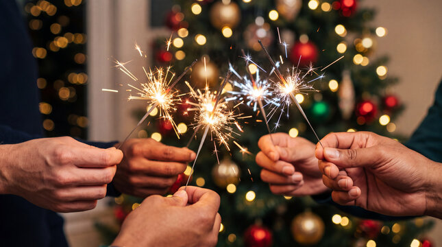 Close-up of friends holding glowing sparklers together in front of a blurred, festive Christmas tree with ornaments and warm bokeh lights.