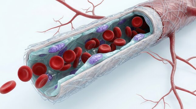 scientific cutaway through a small blood vessel, featuring flattened endothelial cells lining the lumen, elongated violet nuclei, translucent pale-cyan cell membranes