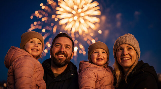 A smiling family with two young children in winter hats and jackets watching a vibrant fireworks display in the night sky.