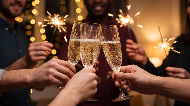 A diverse group of friends holding crystal champagne flutes and bright sparklers, celebrating New Year's Eve with a toast in a cozy, festive room.