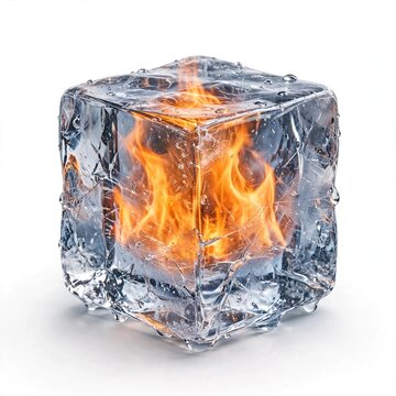 Surreal ice cube with flames burning inside it, impossible burning ice concept isolated on white background