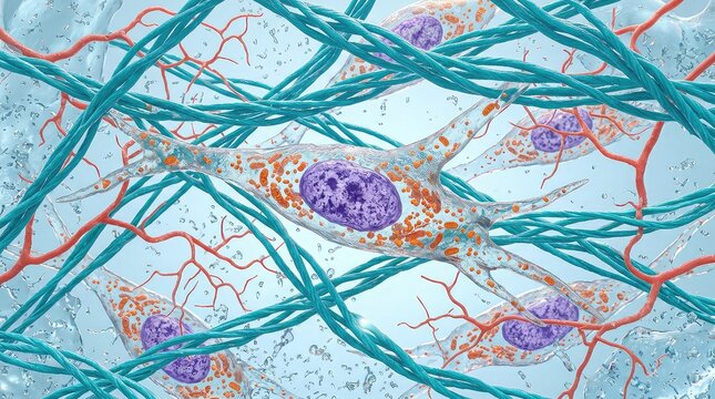 scientific visualization of elongated fibroblast cells embedded in a pale icy-blue extracellular matrix