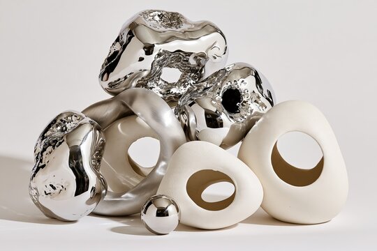 Chrome and Ivory Abstract Sculptures on White &mdash; Balanced Arrangement