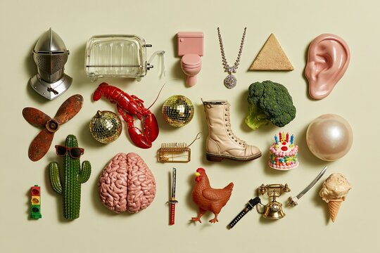 Eclectic Surreal Objects in Museum Style Flat Lay &mdash; Dynamic Composition
