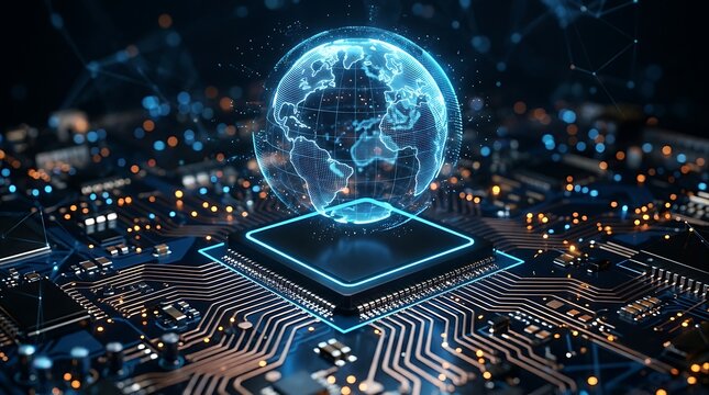 Glowing digital earth globe hovering above a complex computer processor chip on a dark motherboard with golden circuit paths and illuminated nodes representing global technology connectivity