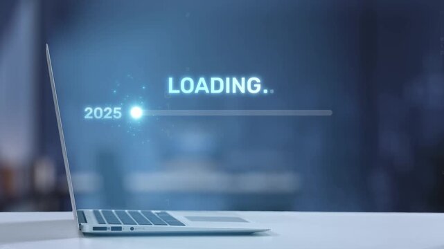 Visual representation of a loading bar on a laptop, depicting a futuristic transition from the year 2025 to 2026, ideal for technology and innovation themes. Salient