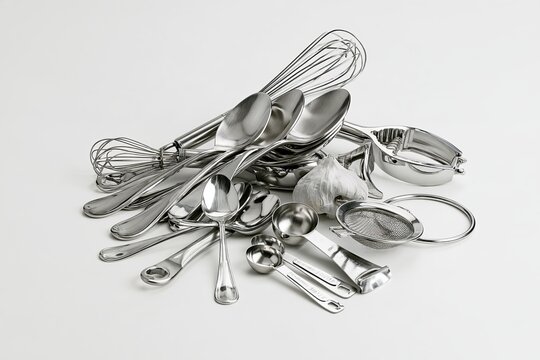 Stainless Steel Kitchen Utensils on White &mdash; Wide Composition