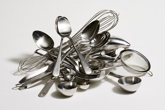Stainless Steel Kitchen Utensils on White &mdash; Balanced Arrangement