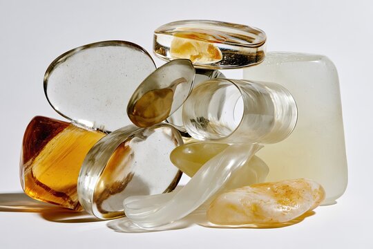 Translucent Amber Resin Sculptures on White &mdash; Close Framing