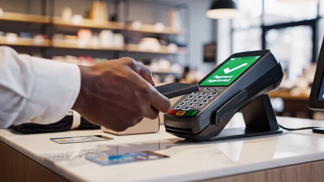 Pago digital sin contacto en un comercio moderno, representando la comodidad de las compras electr&oacute;nicas y las nuevas formas de consumo.