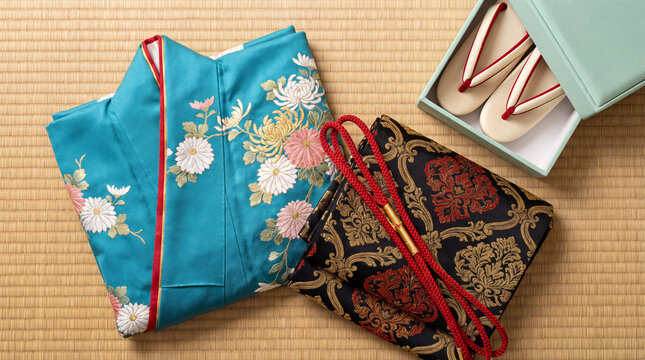 A turquoise Japanese kimono with floral embroidery, a decorative obi sash, and Zori sandals in a box, displayed elegantly on a traditional tatami mat.
