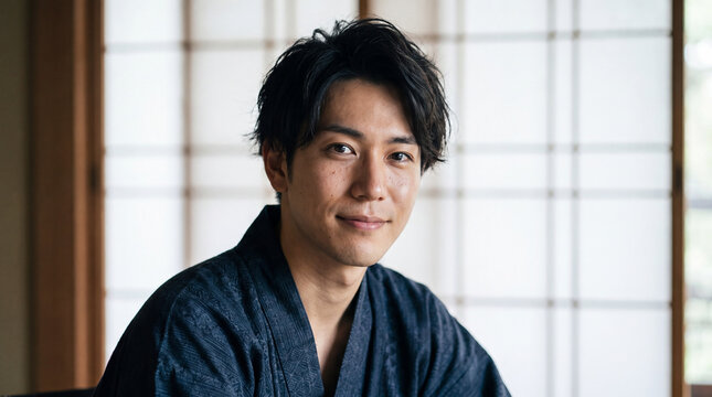 A portrait of a handsome young Japanese man wearing a dark yukata, relaxing in a traditional Japanese room with shoji screen doors in the background.