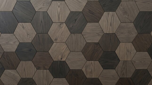 Hexagon wooden tiles with dark and light brown grain patterns on wall