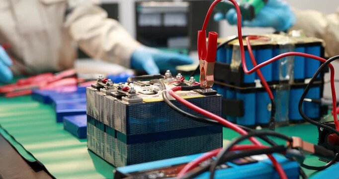Close-up of a technician testing battery cells with red and black cables on a workbench, showing electric vehicle repair, energy storage maintenance, and electronics diagnostics.