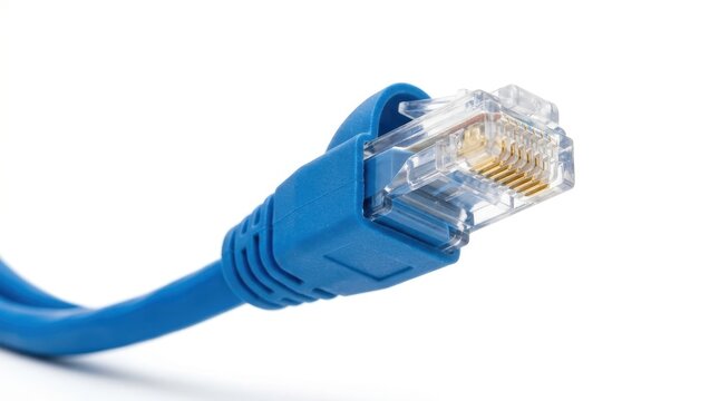 Blue ethernet network cable connector with gold pins on white background