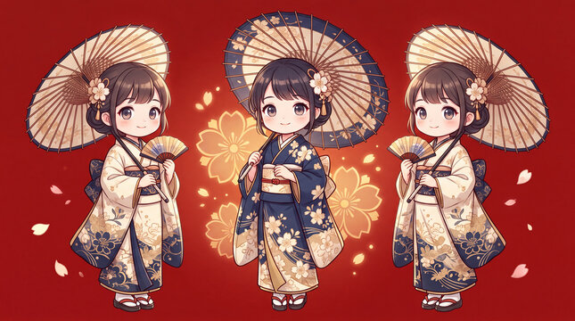 A trio of cute chibi-style anime girls wearing elegant traditional Japanese kimonos and holding decorative parasols against a festive red cherry blossom background.