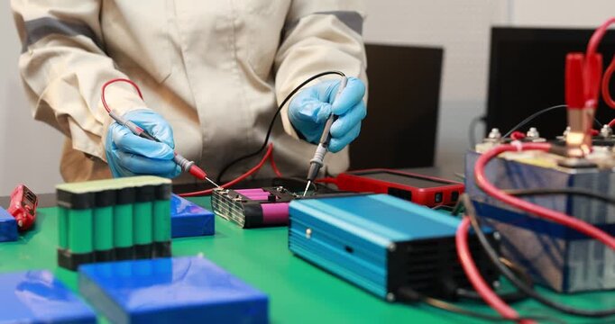 Technician wearing safety gloves tests lithium battery cells with probes on a workbench filled with power equipment, cables and electronic tools.