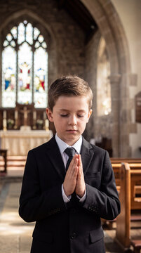 A young boy in a formal suit stands inside a sunlit church, praying with his hands together, representing devotion, faith, and religious ceremony.