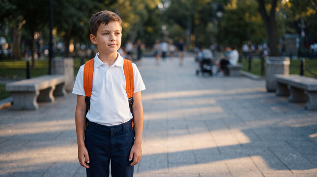 A portrait of a young boy wearing a white polo shirt and an orange backpack, standing in a park at sunset during his commute to school.