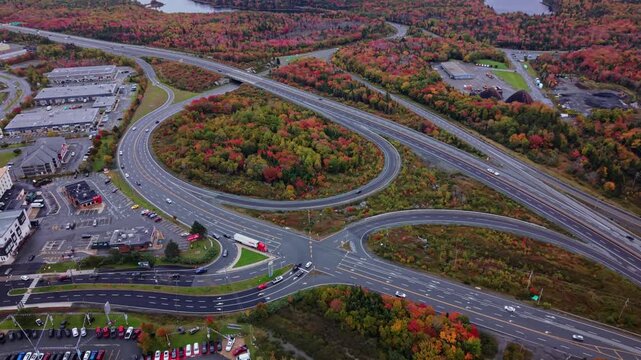 Autumn highways and sunlit solar panels stretch across nova scotia, canada