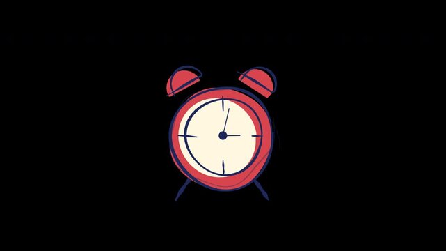 Hand Drawn alarm clock ringing morning wake up time deadline reminder 4K Animation with alpha transparent background