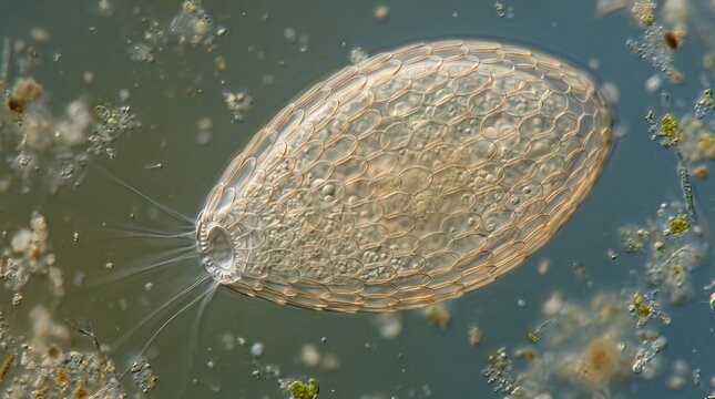 Single-celled protist moves through an aquatic environment featuring complex surface patterns and delicate cilia filaments for propulsion.